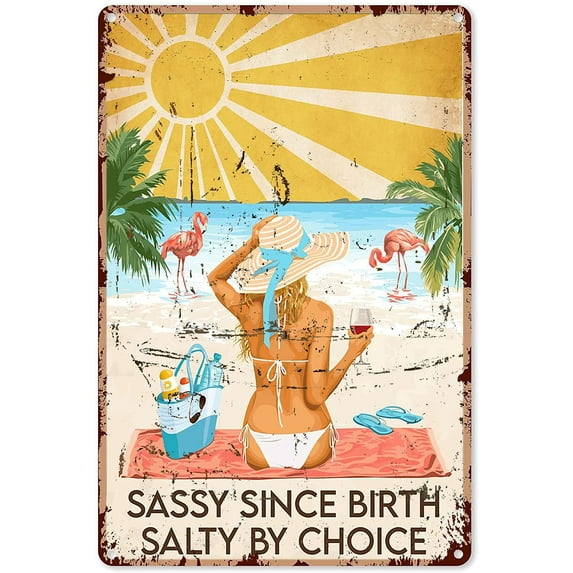 Flamingo Decor Bathroom Ocean Sassy Since Birth Salty By Vacation Time Wine Lovers Beach Flamingo Metal Sign Decor Tin Aluminum Sign Wall Art Metal Poster for Home Party Bathroom Outdoor 12x8 inch