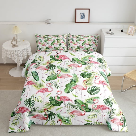 Flamingo Decor Comforter Set Queen Size Flamingo Bedding Green Palm Leaves Print Bedding Comforter Sets Cute Animal Flamingo Duvet Insert 3 Pcs Rustic Botanical Decor Romantic Theme Quilt