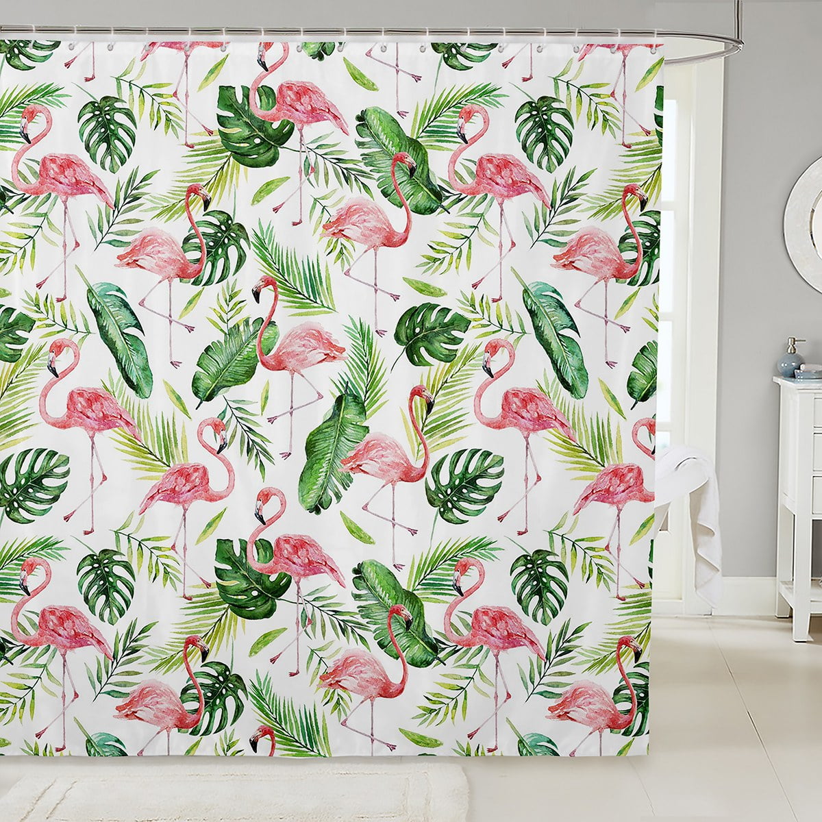 Flamingo Decor Shower Curtain for Girls Flamingo Bath Curtain Green