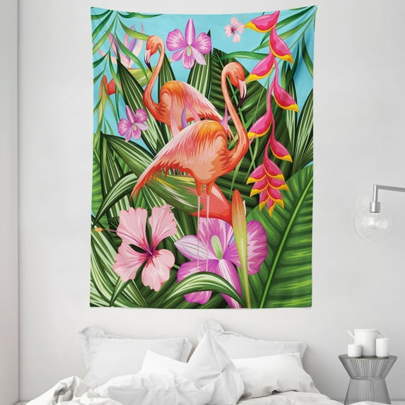 Flamingo Decor Wall Hanging Tapestry, Illustration of Flamingo with Tropical Garden Hibiscus Flower Plant Vintage Print, Bedroom Living Room Dorm Accessories, 60 X 80 Inches, by Ambesonne