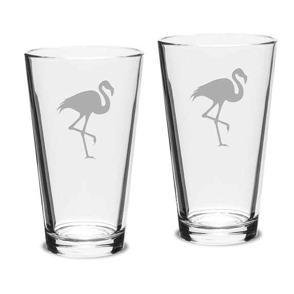Flamingo Deep Etched Classic Pub Pint Glass Set of 2