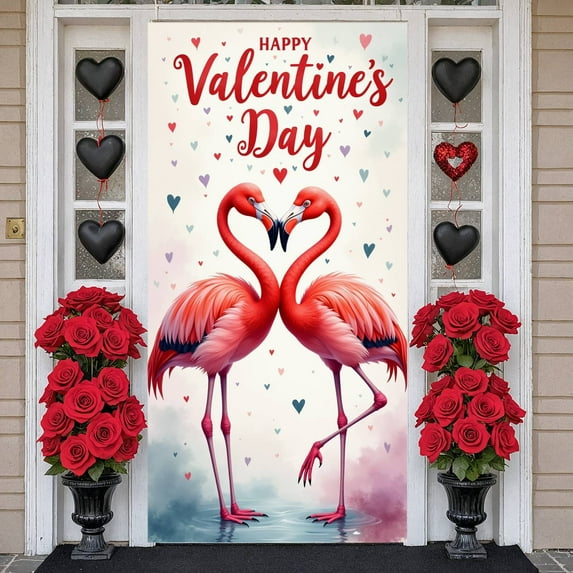 Flamingo Design Valentine's Day Banner Heart Pattern Flamingo Backdrop Red Pink Color Romantic Love Background for Valentine's Day Party Romantic Date Wedding Decoration