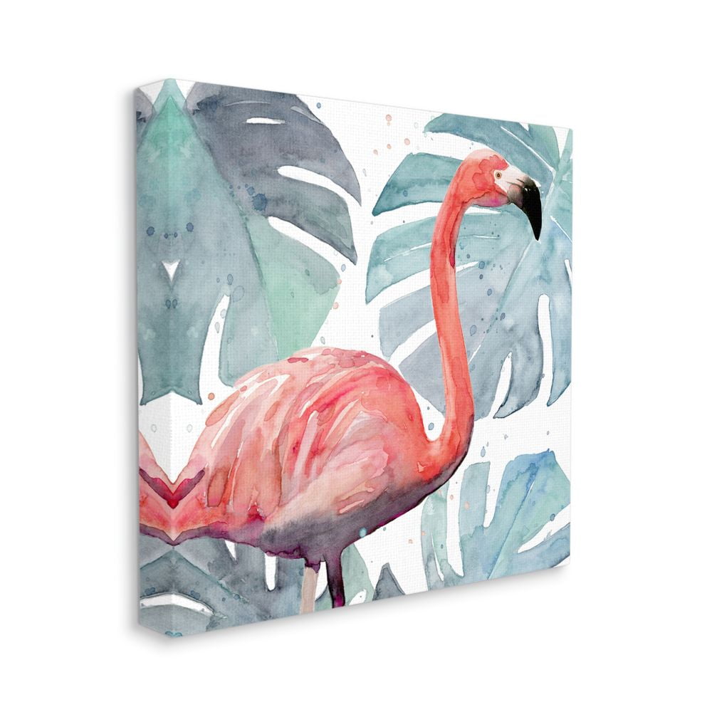 Flamingo Detail over Tropical Monstera Greenery Animals & Insects Gallery-Wrapped Canvas Print Wall Art, 17x17