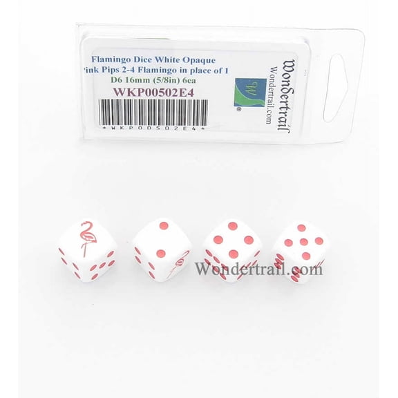 Flamingo Dice White Opaque with Pink Pips D6 16mm (5/8in) Set of 4 Wondertrail
