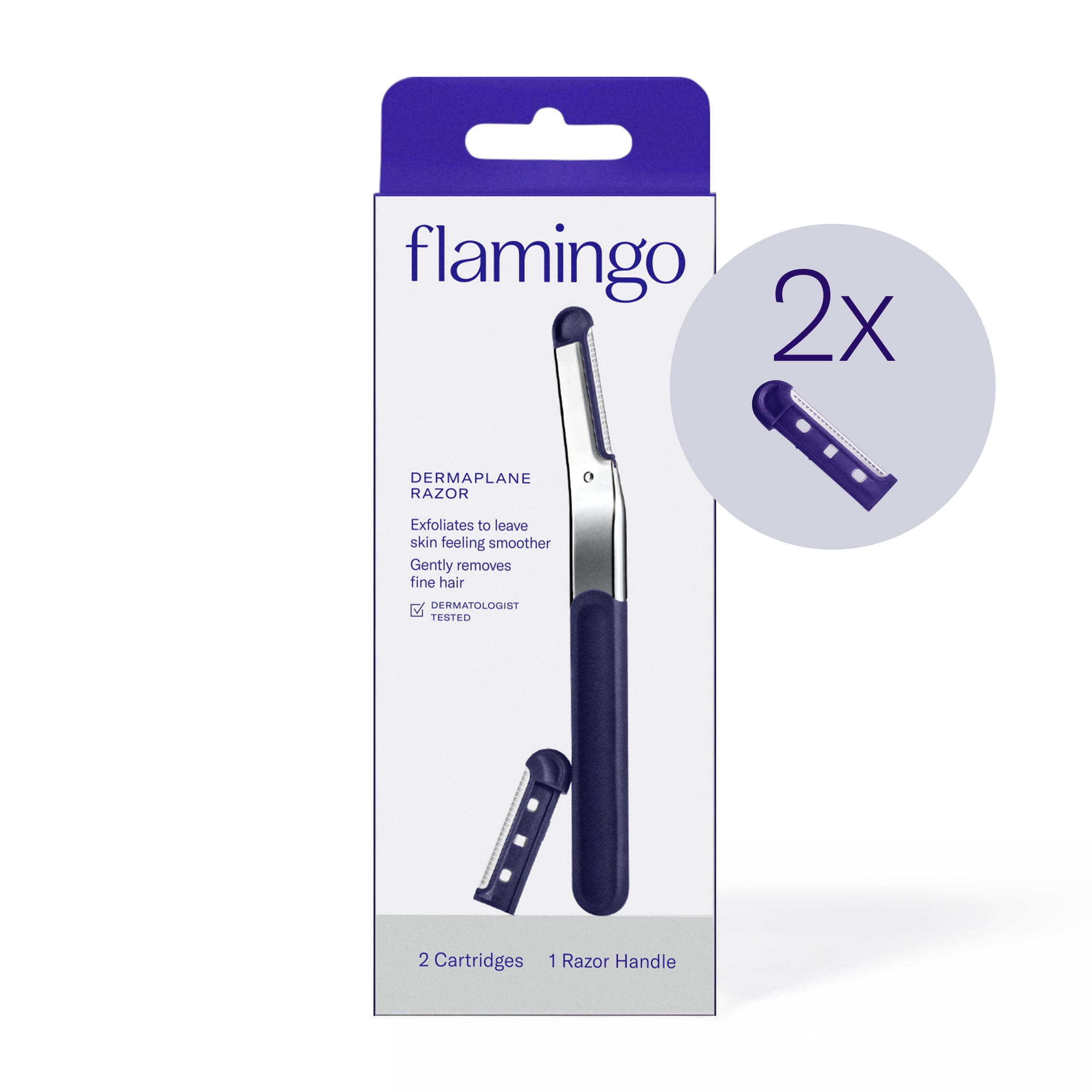 Flamingo Reusable Dermaplane Facial Razor Handle with 2 Razor Refill Cartridges