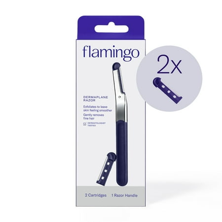Flamingo Reusable Dermaplane Facial Razor Handle with 2 Stainless Steel Razor Refill Cartridges