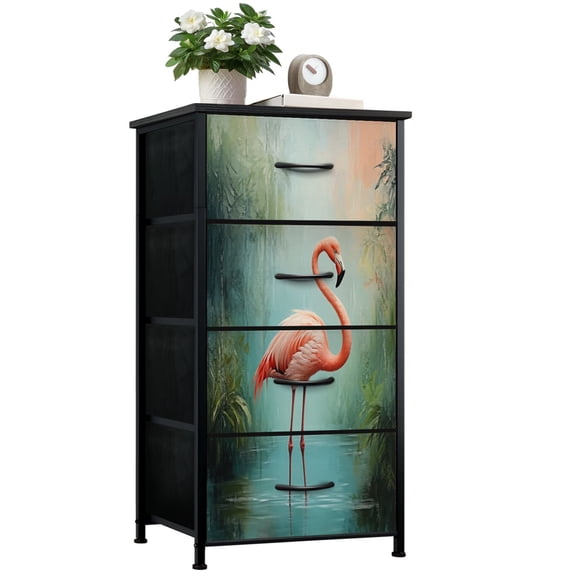 Flamingo Dresser for Bedroom with 4 Storage Drawers Pink Tropical Animal Wildlife Pink Pink Plumage Slender Legs Dressers Chest of Drawers Steel Framed Fabric Closet Organizers for Entryway