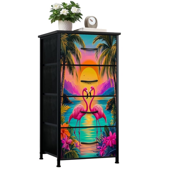 Flamingo Dresser for Bedroom with 4 Storage Drawers Tropical Palm Floral Botanical Modern Pink Pink Heart Shaped Dressers Chest of Drawers Steel Framed Fabric Closet Organizers for Entryway