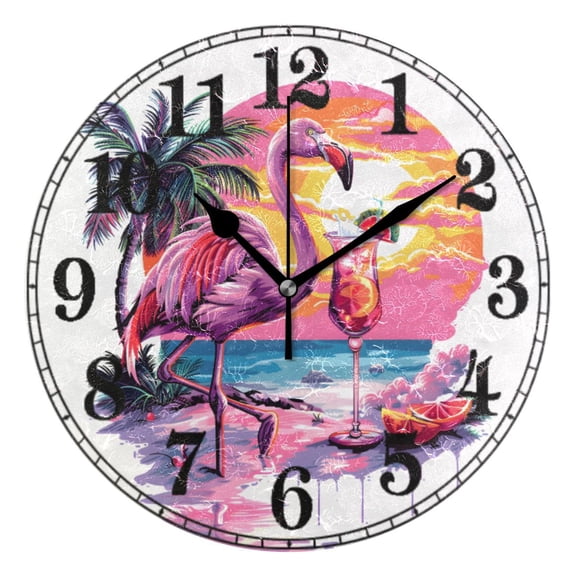 Flamingo Drinking Cocktail Sunset Silent Wall Clock 10" Non-Ticking Battery Clock