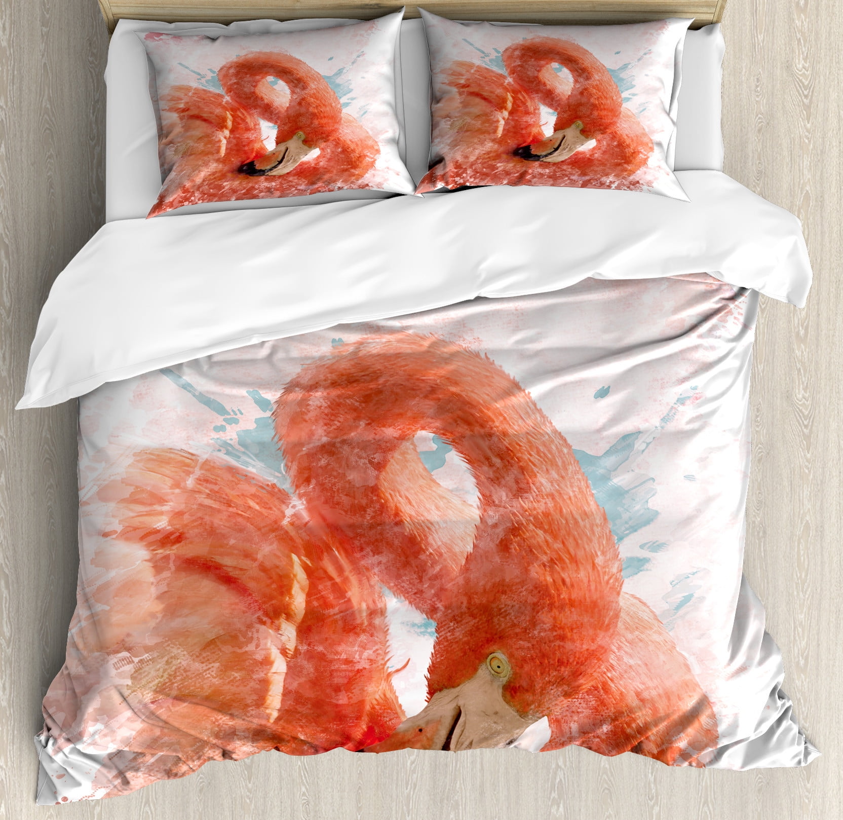 Orange Flamingo Watercolor Queen Duvet Cover Set