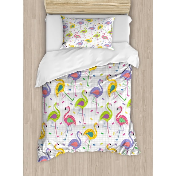 Flamingo Duvet Cover Set, Colorful Retro Vintage Flamingo Patterns in Polka Dot Design Checked Background, Decorative 2 Piece Bedding Set with 1 Pillow Shams, Twin Size, Multicolor, by Ambesonne