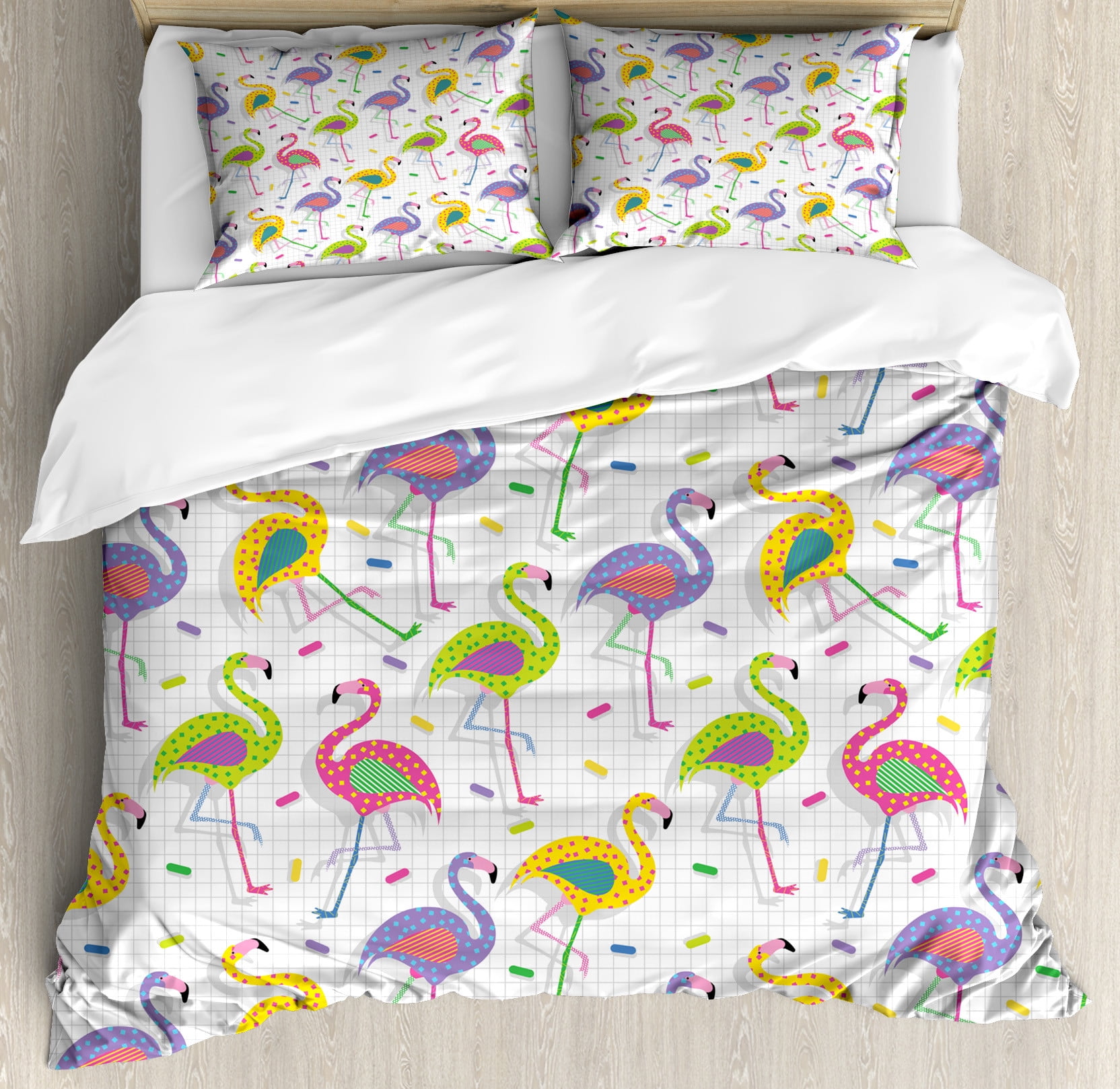 Colorful Retro Flamingo King Duvet Cover Set with Pillow Shams
