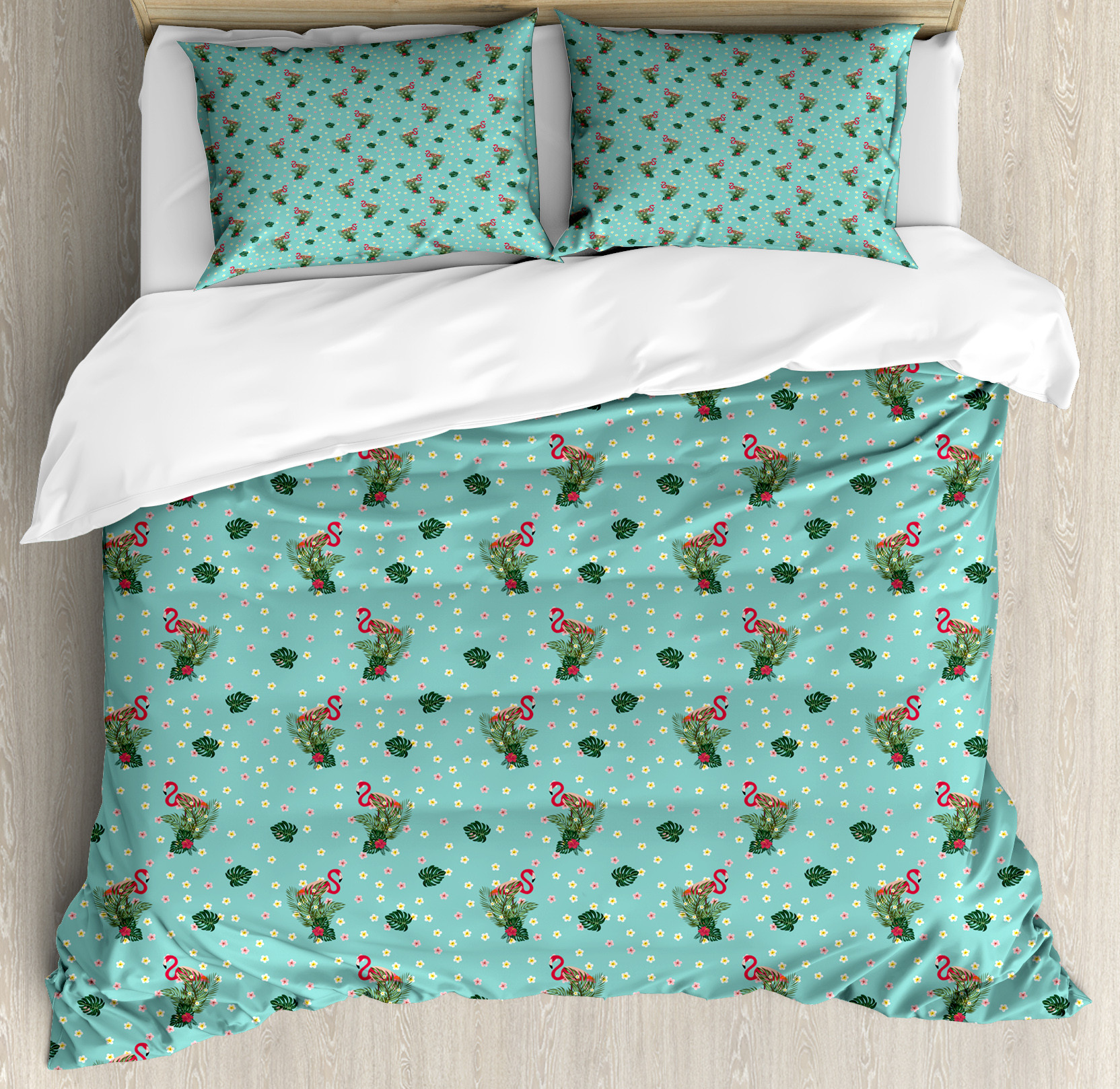 Tropical Flamingo Hibiscus Hawaiian Floral Pattern Print Duvet Cover Bedding Set