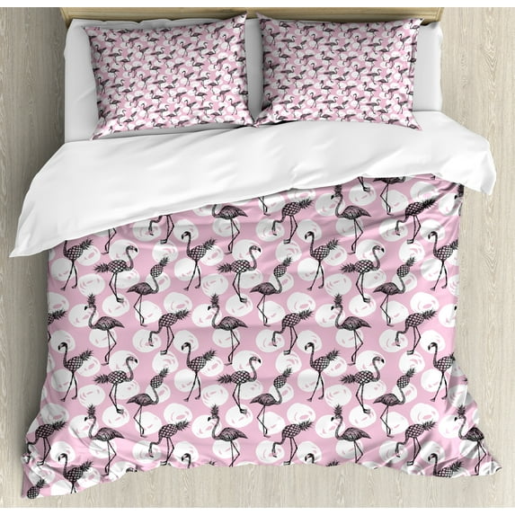 Flamingo Duvet Cover Set, Exotic Birds with Pineapple Body Hand Drawn Botanical Hawaiian, Decorative 3 Piece Bedding Set with 2 Pillow Shams, Calking Size, Pale Blue Charcoal Grey, by Ambesonne