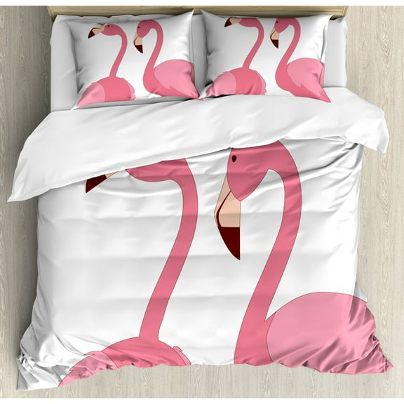 Flamingo Duvet Cover Set, Exotic Pink Birds Animals Couple on Plain Backdrop Pattern, Decorative 3 Piece Bedding Set with 2 Pillow Shams, Calking Size, Pastel Pink Dark Fuchsia, by Ambesonne