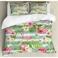 thumbnail image 1 of Flamingo Duvet Cover Set, Flamingos with Exotic Hawaiian Leaves Flowers on Striped Vintage Background, Decorative 3 Piece Bedding Set with 2 Pillow Shams, King Size, Green Pink White, by Ambesonne, 1 of 3