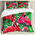thumbnail image 1 of Flamingo Duvet Cover Set, Flamingos Sitting on Macro Tropic Exotic Leaves Graphic in Retro Style Art, Decorative 3 Piece Bedding Set with 2 Pillow Shams, Queen Size, Pink Green, by Ambesonne, 1 of 3