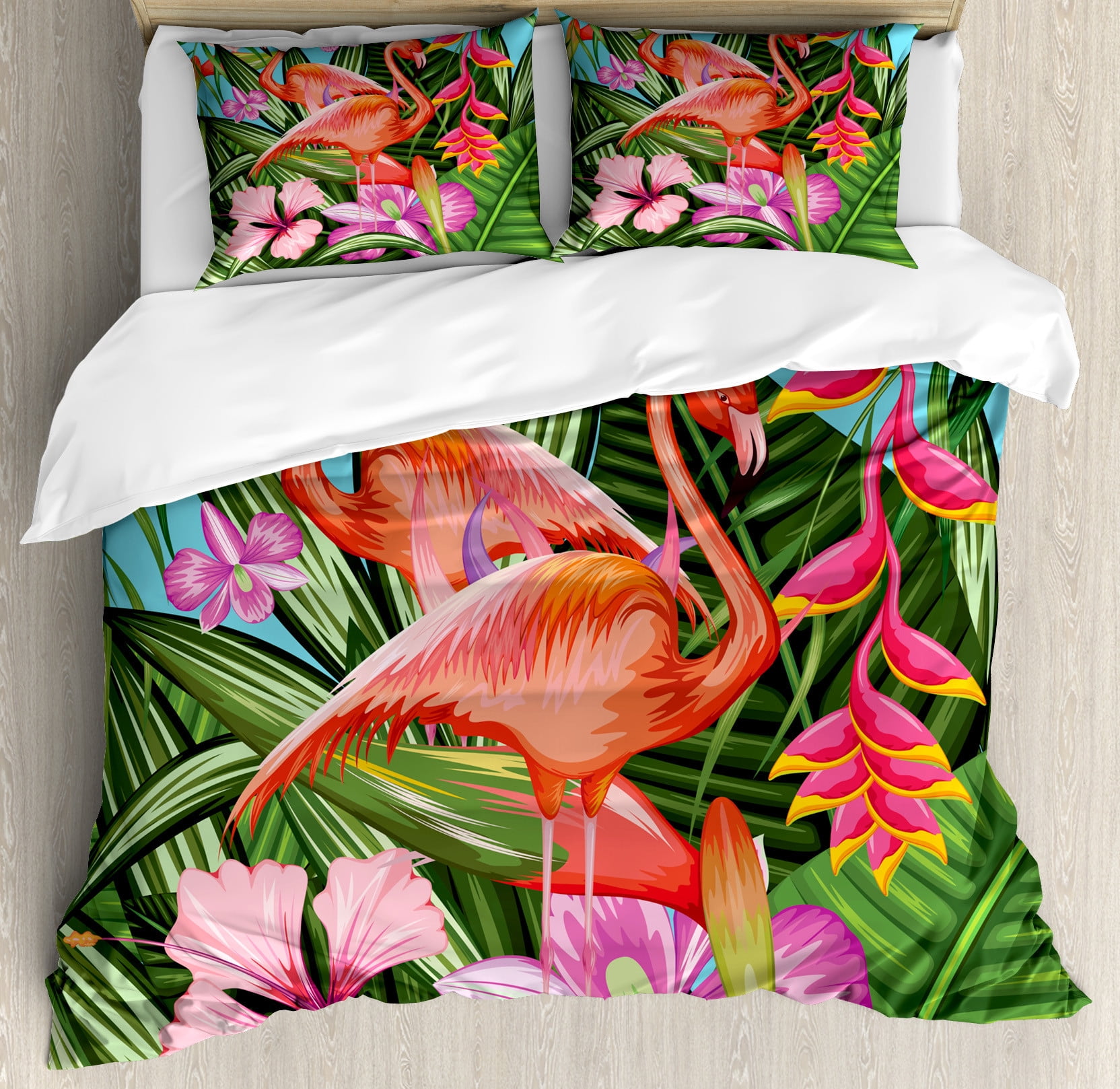 Tropical Flamingo Green Pink Blue Queen Duvet Cover Set