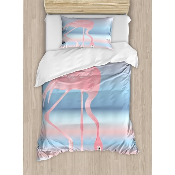 Flamingo Duvet Cover Set, Illustration of Royal Animal in the Lake Soft Pale Romantic Colors Art Work, Decorative 2 Piece Bedding Set with 1 Pillow Shams, Twin Size, Pink Blue, by Ambesonne