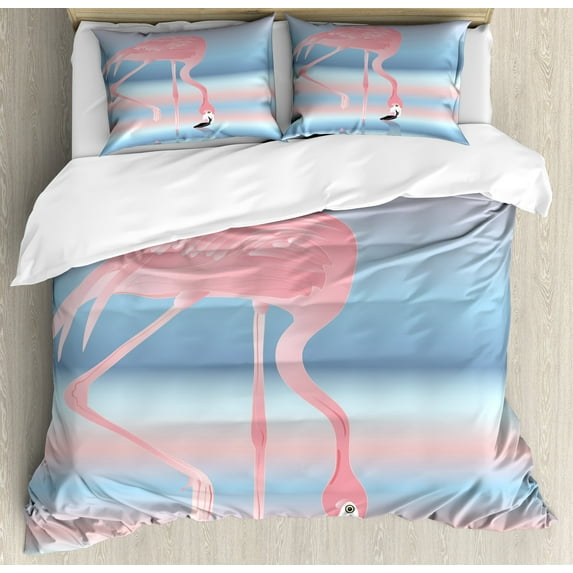 Flamingo Duvet Cover Set, Illustration of Royal Animal in the Lake Soft Pale Romantic Colors Art Work, Decorative 3 Piece Bedding Set with 2 Pillow Shams, King Size, Pink Blue, by Ambesonne
