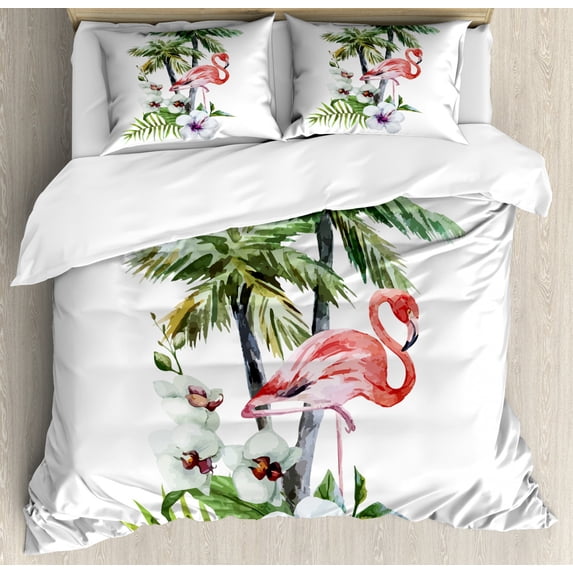 Flamingo Duvet Cover Set King Size, Watercolor Island Composition Exotic Forest Leaves and Hibiscus Spring in Hawaii, Decorative 3 Piece Bedding Set with 2 Pillow Shams, Multicolor, by Ambesonne