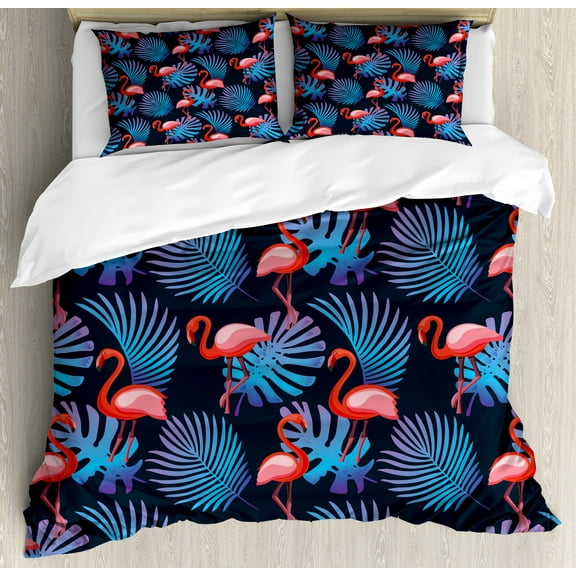 Flamingo Duvet Cover Set, Monstera Leaves Pinnate Botany Elements in Dark Tones Pattern, Decorative 3 Piece Bedding Set with 2 Pillow Shams, Calking Size, Charcoal Grey and Multicolor, by Ambesonne