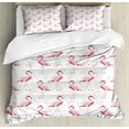 thumbnail image 1 of Flamingo Duvet Cover Set Queen Size, Realistic Drawing Style Animals on Geometrical Backdrop with Pink Triangles, Decorative 3 Piece Bedding Set with 2 Pillow Shams, Pink Peach White, by Ambesonne, 1 of 3