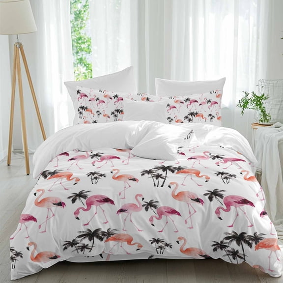 Flamingo Duvet Cover Set Twin Size, Watercolor Pink Orange Flamingo Tropical Coconut Tree 4 Piece Bedding Set with Zipper Closure & Corner Ties Soft Breathable Comforter Cover for Bedroom