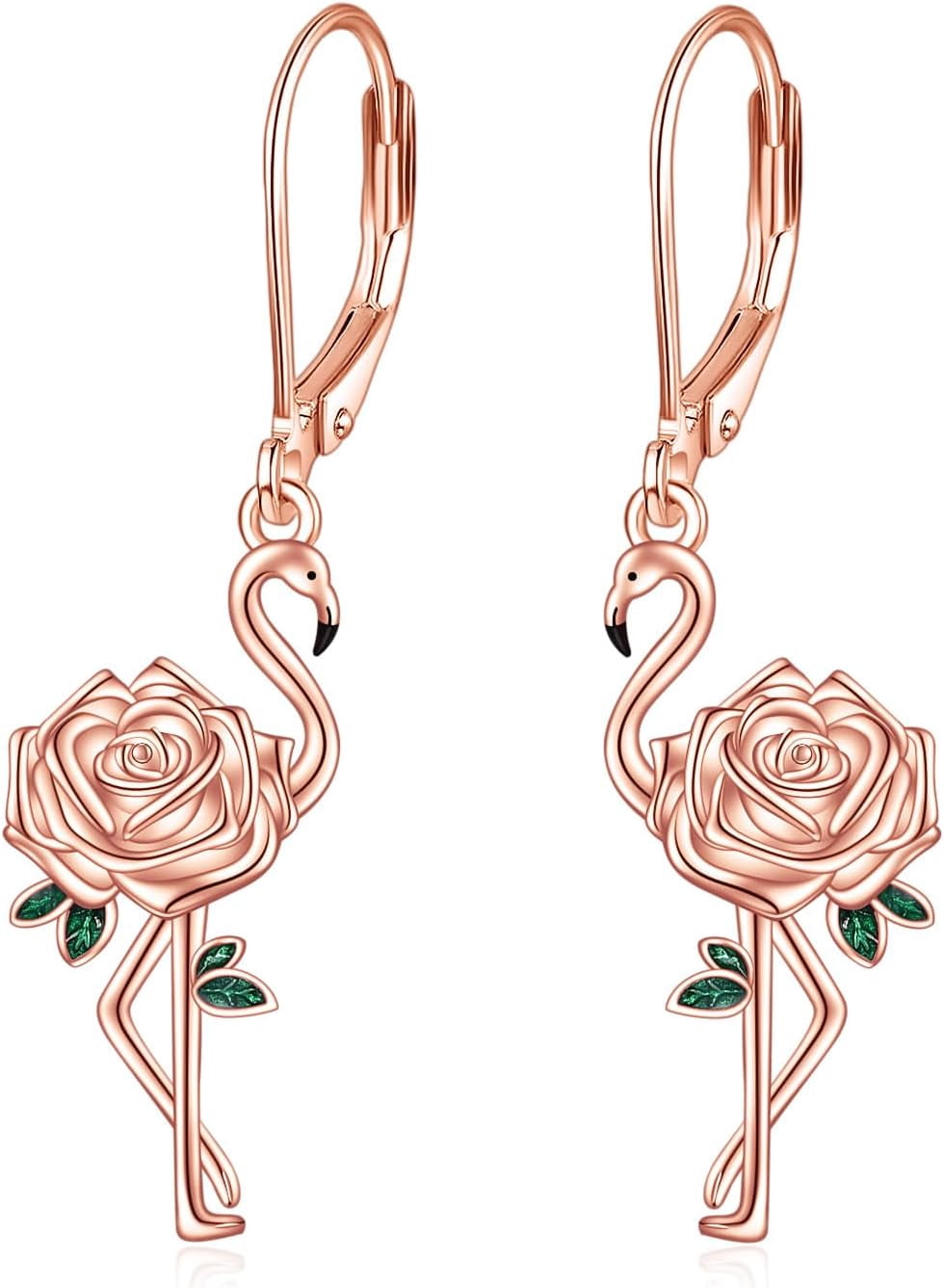 Flamingo Earrings Sterling Silver Flamingo Rose Flower Dangle Dangly Drop Charm Leverback Earrings Bird Jewelry Gifts for Women