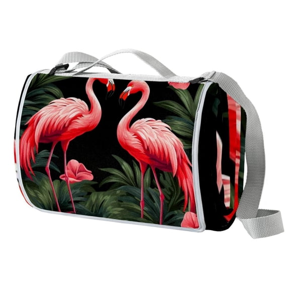Flamingo Extra Large Canvas Picnic Blanket Waterproof Backing, Portable Beach Mat for Outdoor Travel, Foldable Camping Mat with Handle - Blue Stripe Pattern