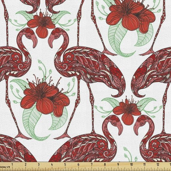 Ambesonne Flamingo Fabric by the Yard Upholstery, Floral Birds Hand Drawing, 10 Yards, Red Coral Sea Green