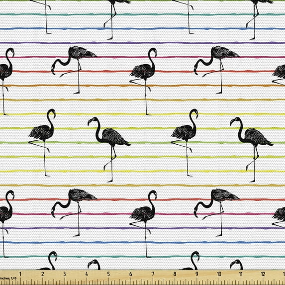 Ambesonne Flamingo Fabric by the Yard Upholstery, Exotic Birds Rainbow Lines, 3 Yards, Multicolor