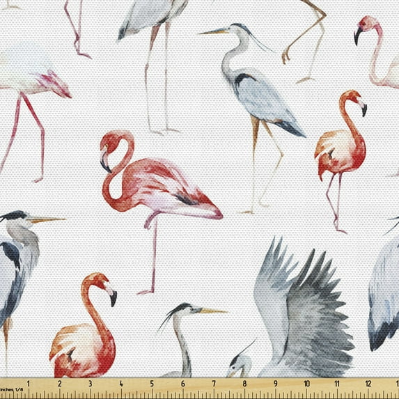 Ambesonne Flamingo Fabric by the Yard Upholstery, Heron Birds Watercolor, 1 Yard, Grey Vermilion White