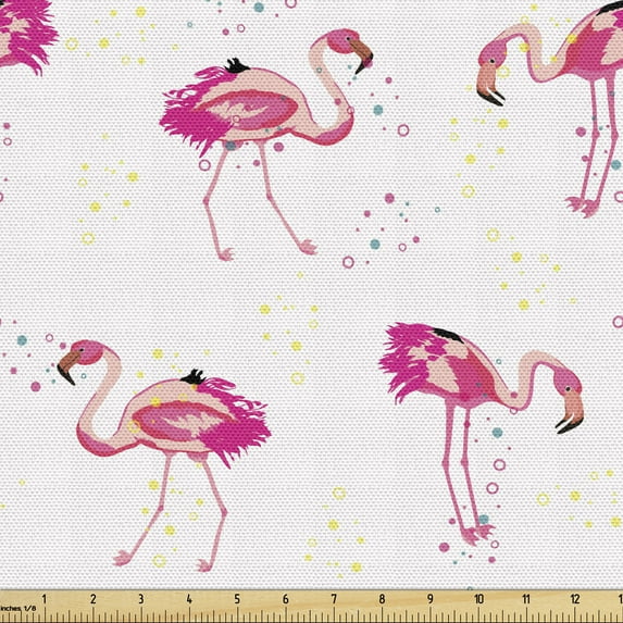 Ambesonne Flamingo Fabric by the Yard Upholstery, Tropic Birds and Spots, 3 Yards, Hot Pink Blush