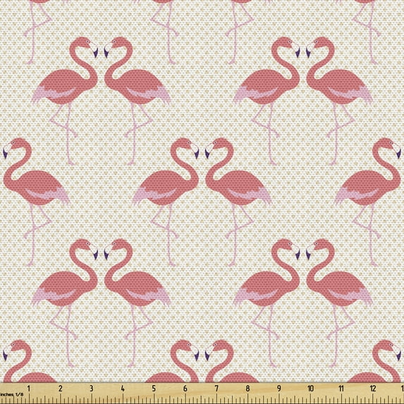 Ambesonne Flamingo Fabric by the Yard Upholstery, Retro Dots Tropic Bird, 2 Yards, Beige Dark Coral Purple