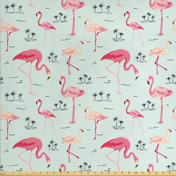 Flamingo Fabric by the Yard, Tropical Summer Exotic Birds and Palms, Decorative Upholstery Fabric for Sofas and Home Accents, Pale Blue Pastel Pink by Ambesonne