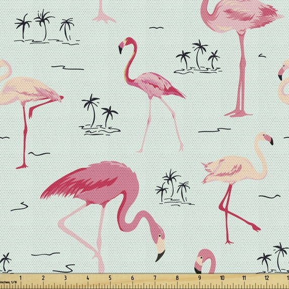Ambesonne Flamingo Fabric by the Yard Upholstery, Exotic Birds and Palms, 1 Yard, Pale Blue Pastel Pink