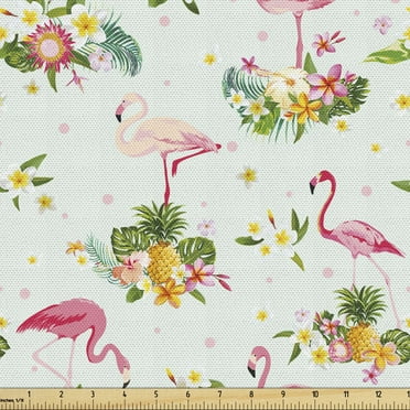 Ambesonne Flamingo Fabric by the Yard Upholstery, Fresh Flora Pineapples, 3 Yards, Multicolor