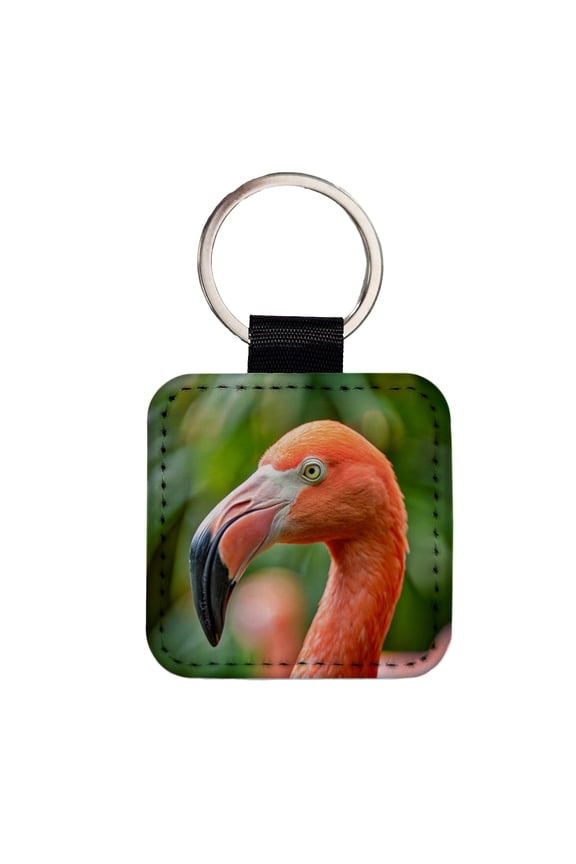 Flamingo Face Faux Leather Square Keychain