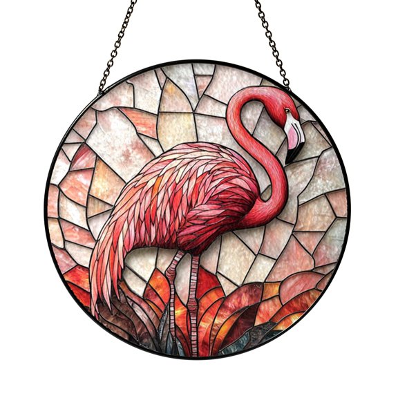 Flamingo Fantasy Theme Stained Glass Window Hanging, Decorative Tropical Glass Suncatcher Art, Mythical Bird Design for Home Window Decor
