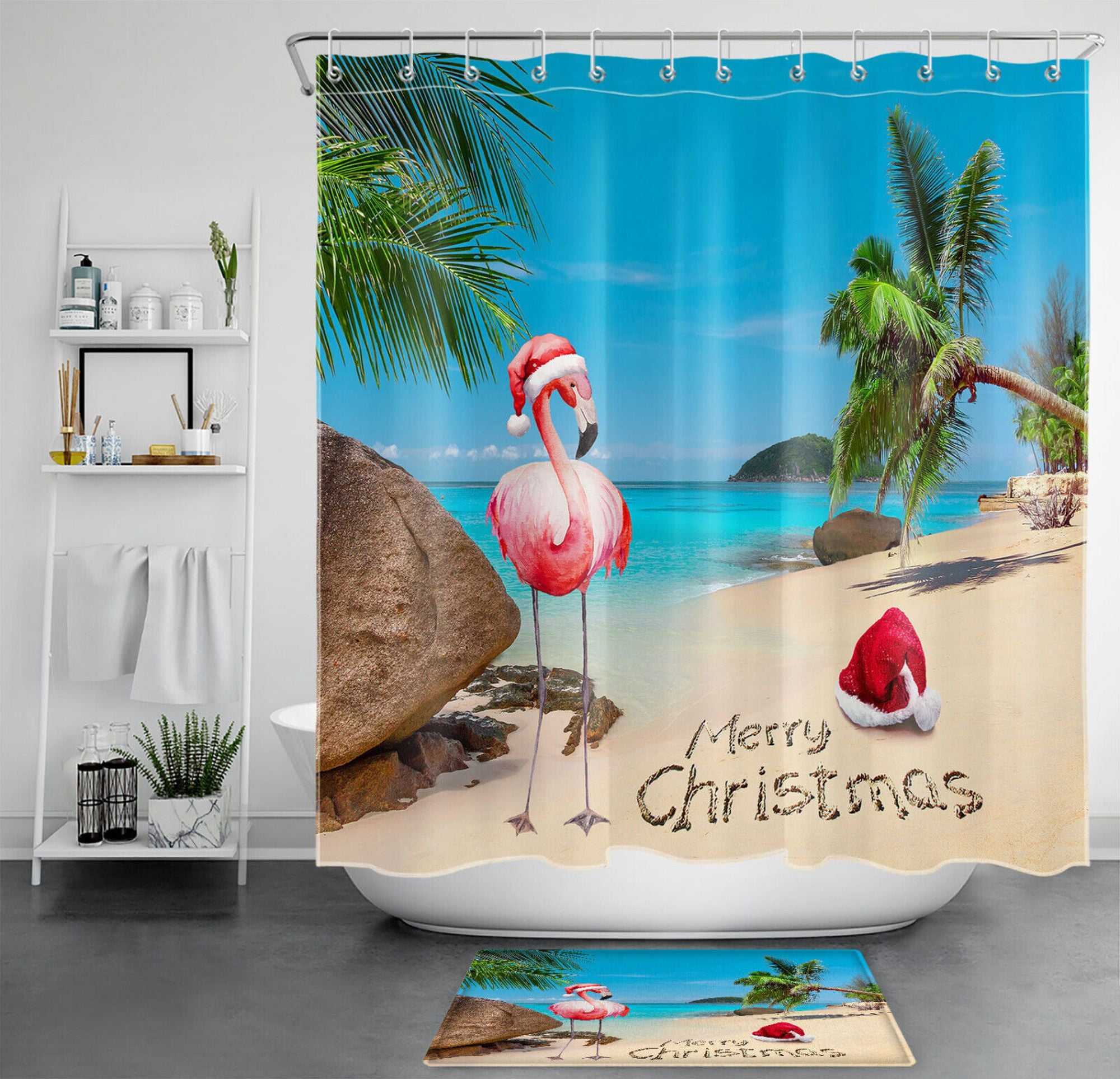 Flamingo Festive Shower Set: Blue Beach and Pink Ocean Christmas ...