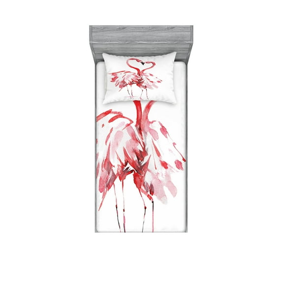 Flamingo Fitted Sheet & Pillow Sham Set, Flamingo Couple Kissing Romance Passion Partners in Love Watercolor Effect, Decorative 4 Piece Bedding Decor Set, Twinxl, Dark Coral White, by Ambesonne