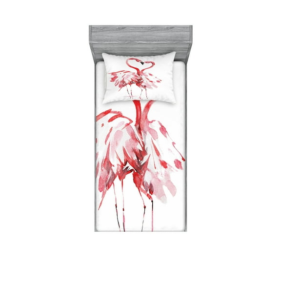 Flamingo Fitted Sheet & Pillow Sham Set, Flamingo Couple Kissing Romance Passion Partners in Love Watercolor Effect, Decorative 4 Piece Bedding Decor Set, Twinxl, Dark Coral White, by Ambesonne