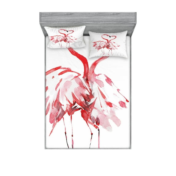 Flamingo Fitted Sheet & Pillow Sham Set, Flamingo Couple Kissing Romance Passion Partners in Love Watercolor Effect, Decorative 6 Piece Bedding Decor Set, Calking, Dark Coral White, by Ambesonne