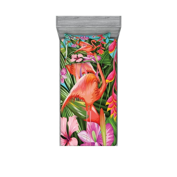 Flamingo Fitted Sheet & Pillow Sham Set, Illustration of Animal Tropical Garden Hibiscus Flower Plant Vintage, Decorative Printed 4 Piece Bedding Decor Set, Twinxl, Green Pink Blue, by Ambesonne