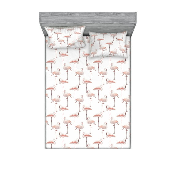 Flamingo Fitted Sheet & Pillow Sham Set, Wild Nature Inspired Exotic Bird Illustration on Plain Backplane Artwork, Decorative Printed 3 Piece Bedding Decor, King, Redwood Pearl Coral, by Ambesonne