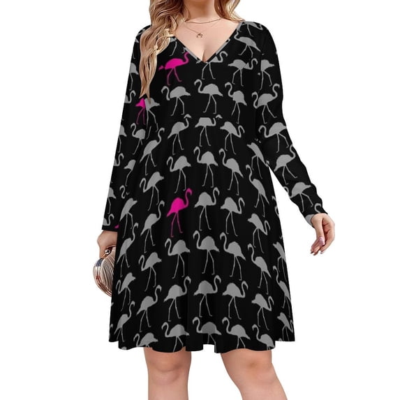 Flamingo Flock Long Sleeve Dresses For Women Vintage Elegant Party Dress Oversized V-neck Dress S-8XL