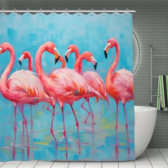Flamingo Flock Painting Print Shower Curtain,Modern Fabric Waterproof Shower Curtain Set with Hooks,70.8×70.8Inch