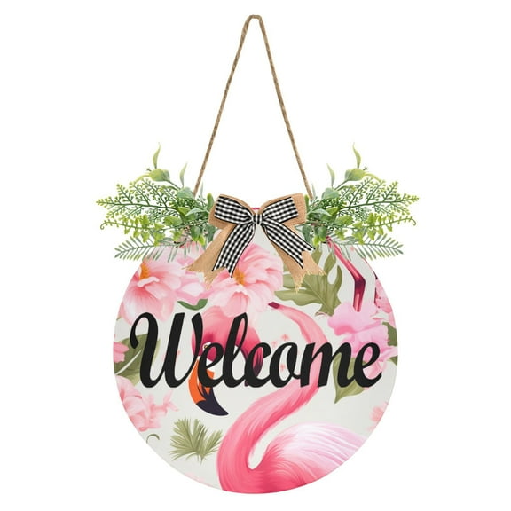 Flamingo Floral Leaves Flowers Welcome Sign for Front Door Wreath Door Sign for Farmhouse Porch Decoration Indoor Outdoor