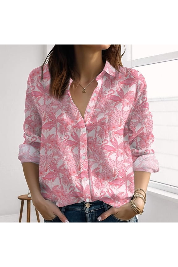 Flamingo Floral Linen-Look Shirt, Pink Flamingo Women Shirt, Tropical Pattern Casual Top, Birds Blouses Shirt, Summer Gift For Her, Button Up Shirt, Blouses Tops Women, Gift for Mother